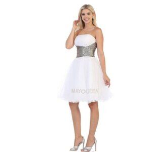 Strapless White Tulle Dress With Silver Ruched Waist & Rhinestone Accents Size12